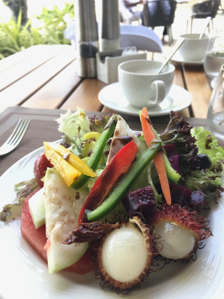 st. regis maldives breakfast buffet, salad, tropical fruit